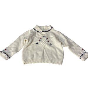 Vintage Baby Girl White Knit Sweater With Floral Embroidery & Scalloped Edging S